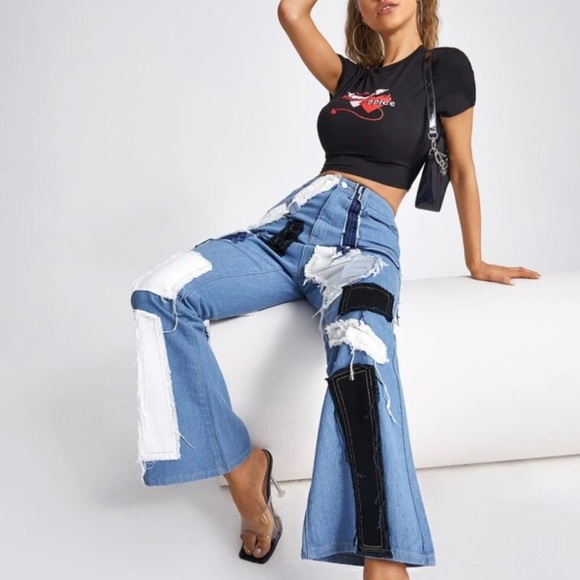 NEW High-Waisted Flare Leg Denim Jeans with Patches - Size M (6) & Size L (8/10) - Picture 6 of 7